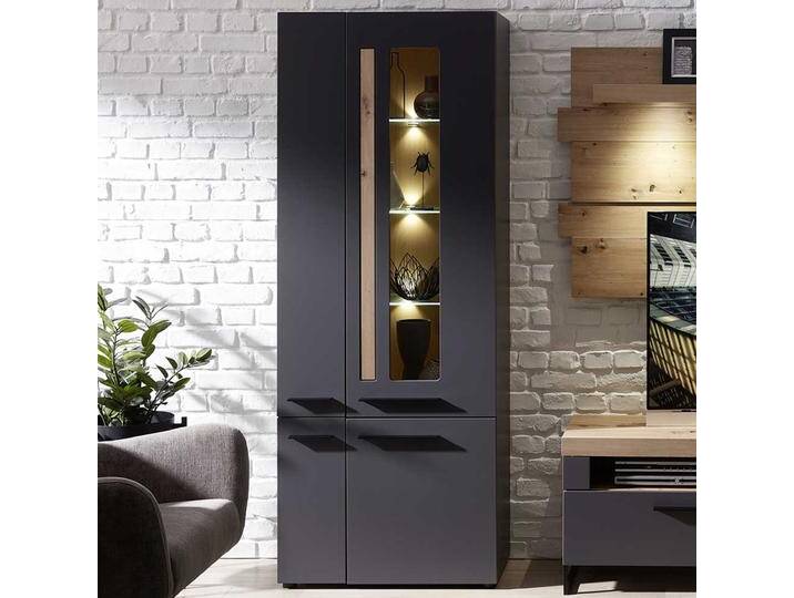 Vitrinenschrank in Dunkelgrau und Wildeiche Optik LED Beleuchtung von Pharao24.de