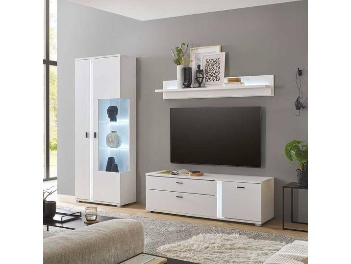 Weiße Wohnzimmer Anbauwand in modernem Design LED Beleuchtung (dreiteilig) von Pharao24.de
