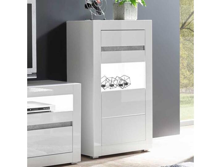 Wohnwand Vitrine in Hochglanz Weiß und Beton Grau modern von Pharao24.de