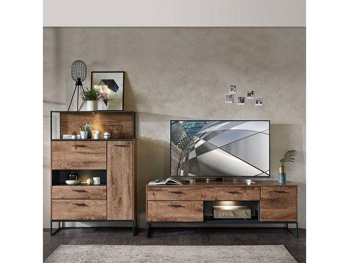 Wohnzimmer Anbauwand im Loft Design Eiche dunkel Optik und Dunkelgrau (zweiteilig) von Pharao24.de