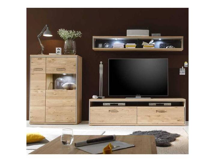 Wohnzimmer Anbauwand in Asteiche Bianco furniert Silberfarben (dreiteilig) von Pharao24.de