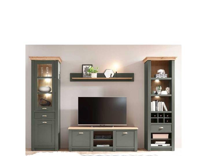 Wohnzimmer Anbauwand in Graugrün und Wildeiche Optik Landhausstil (vierteilig) von Pharao24.de