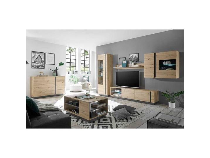 Wohnzimmer Einrichtung in Wildeiche Optik und Dunkelgrau modern (sechsteilig) von Pharao24.de