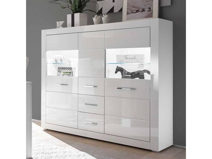 Wohnzimmer Highboard in Hochglanz Weiß und Glas 150 cm breit von Pharao24.de
