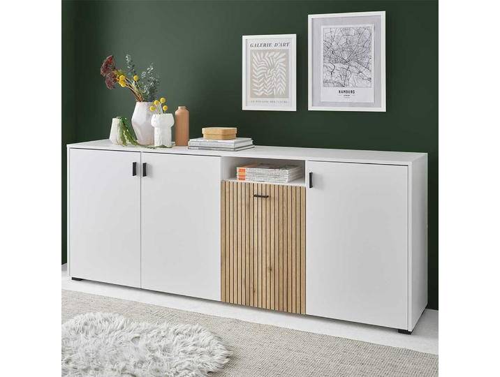 Wohnzimmer Kommode groß in Weiß und Wildeichefarben 80 cm hoch von Pharao24.de