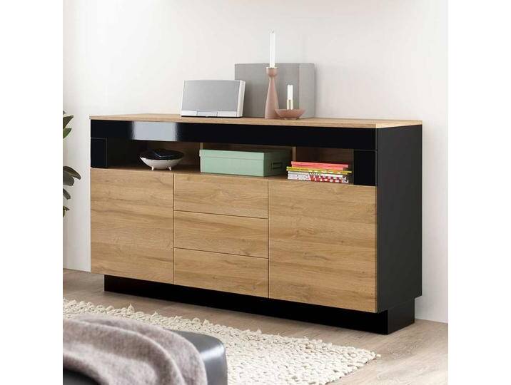 Wohnzimmer Kommode in Schwarz Hochglanz und Wildeiche Optik 85 cm hoch von Pharao24.de