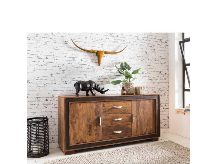 Wohnzimmer Sideboard aus Sheesham Massivholz Kunstleder von Pharao24.de