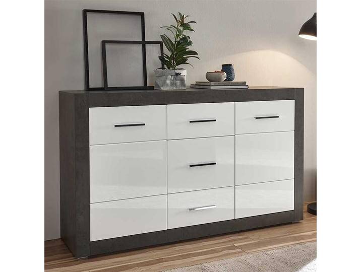 Wohnzimmer Sideboard in Weiß Hochglanz Beton Grau von Pharao24.de