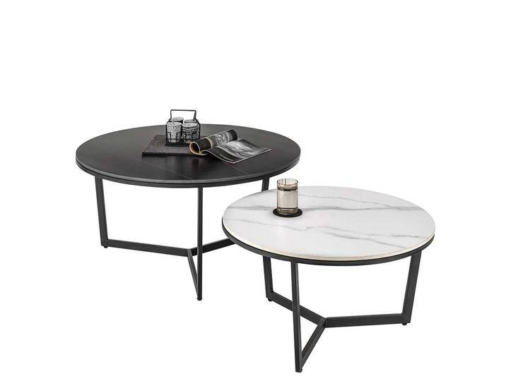Wohnzimmer Tisch Set rund in Schwarz und Weiß Keramikplatte (zweiteilig) von Pharao24.de