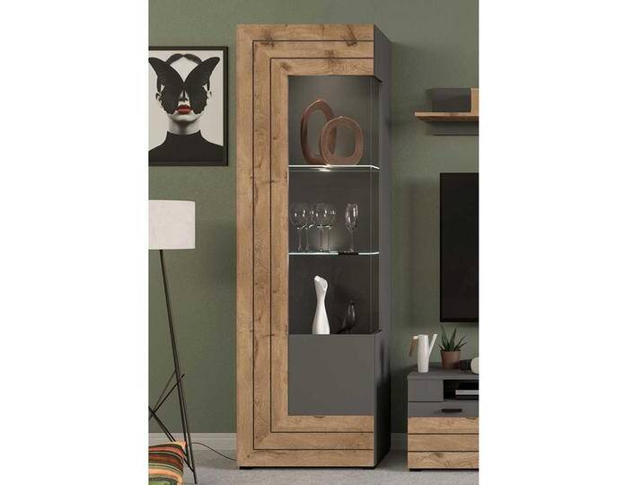 Wohnzimmer Vitrinenschrank in Wildeichefarben und Grau Glastür von Pharao24.de
