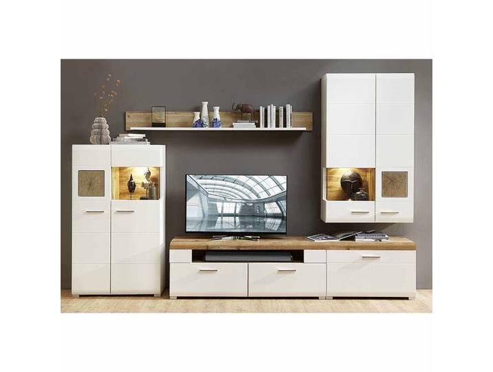Wohnzimmer Wohnwand in Weiß Eiche Holz Dekor LED Beleuchtung (fünfteilig) von Pharao24.de