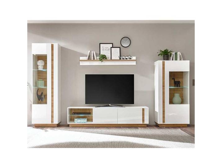 Wohnzimmerschrankwand in Weiß und Wildeiche Optik Skandi Design (vierteilig) von Pharao24.de