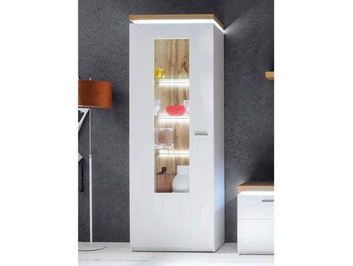 Wohnzimmervitrine in Weiß und Wildeiche Optik 70 cm breit Wohnzimmervitrine in Weiß und Wildeiche Optik 70 cm breit von Pharao24.de