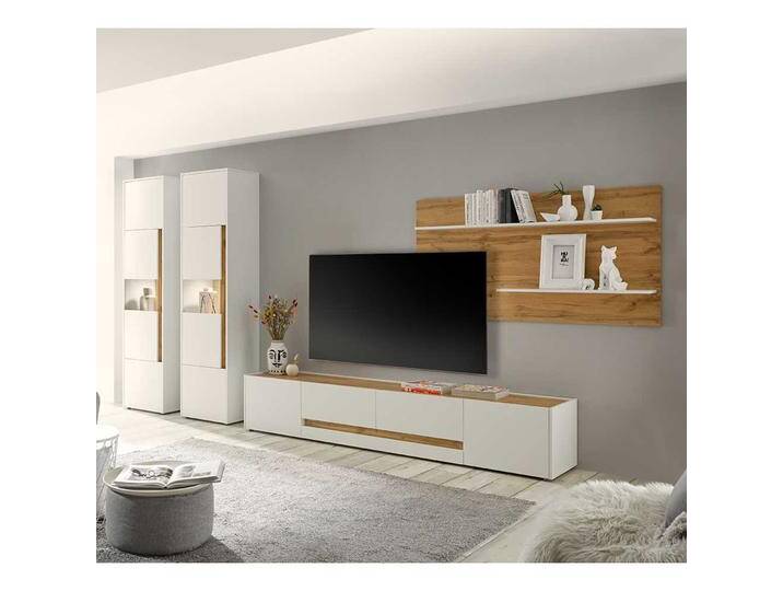 Wohnzimmerwand in Wildeichefarben und Weiß 2 Vitrinen (vierteilig) von Pharao24.de