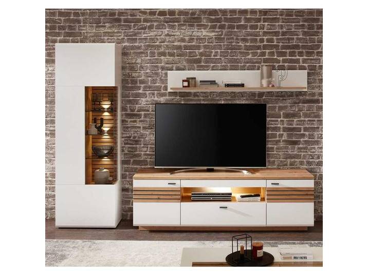 Wohnzimmerwand modern in Weiß und Wildeichefarben 201 cm hoch (dreiteilig) von Pharao24.de