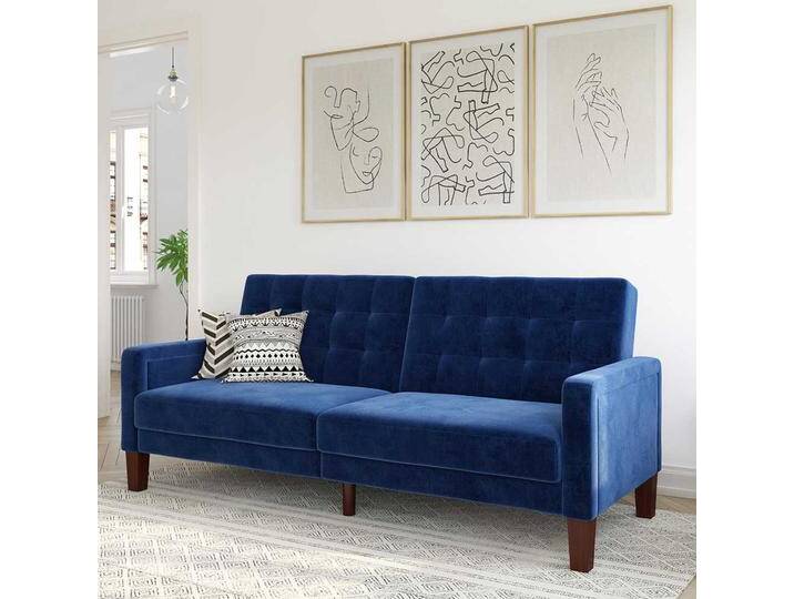 Zweisitzer Schlafsofa Samt in Blau Rücken Klappmechanik von Pharao24.de