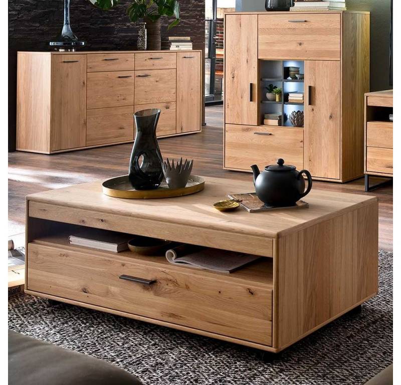 Pharao24 Couchtisch Evizia, aus Massivholz, mit Stauraum, mit Kunststoffrollen, mit Rollen von Pharao24