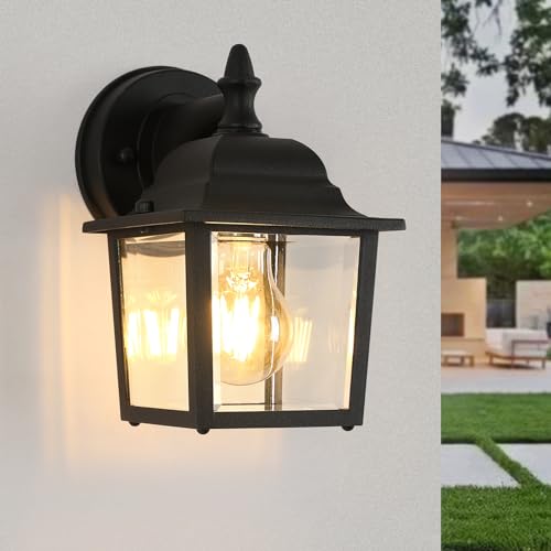 Außen-Wandlampe, Außen Wandlaterne Vintage IP54 Wasserdicht Wandleuchte aus Metall in Schwarz, Außenwandleuchte mit Klarem Glasschirm 60W Max. E27 Fassung für Eingang, Haustür, Porch von Pheashine