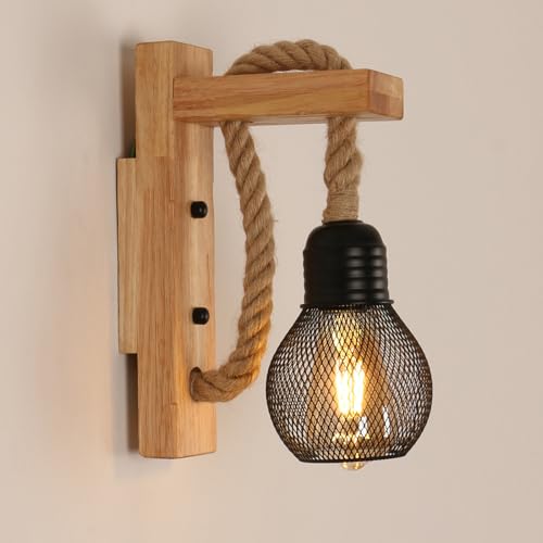 Pheashine Wandleuchte Innen Holz, Vintage Wandlampe Retro Hanfseil Lampenschirm Wandlampe E27 Schwarz für Schlafzimmer, Flur, Restaurant, Bar, Scheune (Ohne Leuchtmittel) von Pheashine