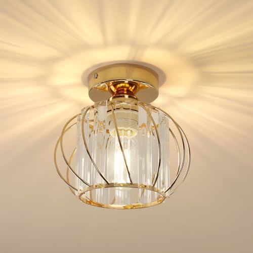 Pheashine Deckenleuchte Kristall Modern Mini Kristall Kronleuchter E27 Deckenleuchte Halbbündige Montage für Flur Eingang Küche Schlafzimmer Esszimmer (Gold) von Pheashine