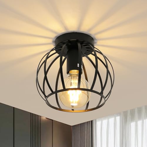 Pheashine Deckenleuchte Vintage, Schwarz Semi Unterputz Deckenlampe, Metallkäfig Deckenleuchte Lampenschirm mit E27 Halter für Wohnzimmer, Küche, Schlafzimmer, Flur, Korridor von Pheashine