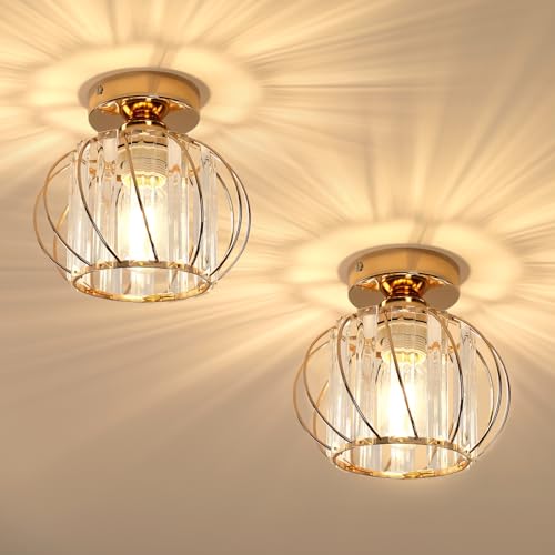 Pheashine Kristall Deckenleuchte 2er, Moderne Deckenlampe Gold, E27 Metall Deckenleuchte Kronleuchter für Wohnzimmer, Schlafzimmer, Flur von Pheashine