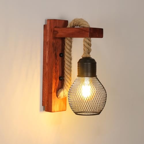 Pheashine Retro Wandleuchte Innen Schwarz, Wandlampe Aus Holz, Handgefertigt Mit Hanfseil Optik, E27 Fassung, Geeignet für Schlafzimmer, Flure, Esszimmer, Bars und andere Orte (Ohne Glühbirne) von Pheashine