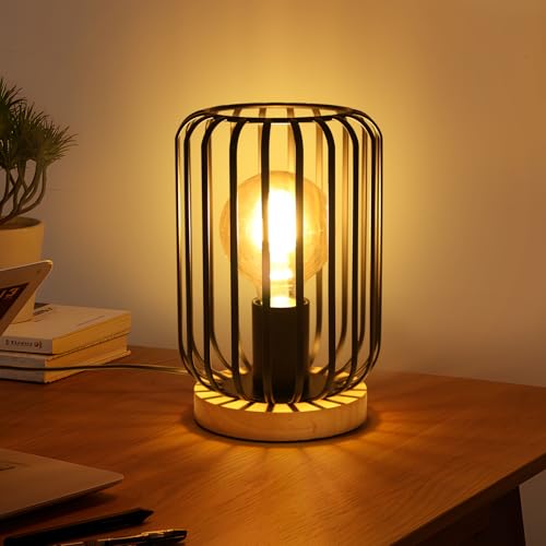 Pheashine Retro Tischlampe Vintage Industrial Tischleucht Schwarz Metall au Holz Sockel, Nachttischlampe E27 Fassung mit Schalter für Wohnzimmer Schlafzimmer- 60W Max. - Ohne Leuchtmittel von Pheashine