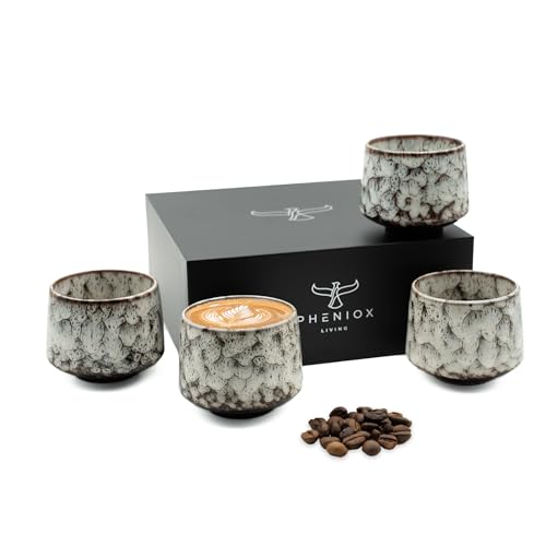 Pheniox | Cappuccino Tassen Set Tibet White | 4-teilig | 180 ml | hochwertige Tassen aus Steingut | ohne Henkel | spülmaschinenfest | Kaffee | Espresso | Mokka | Geschenk Mann Frau von Pheniox