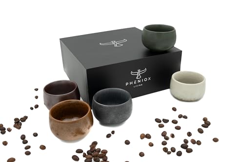 Pheniox Espressotassen Set Timeout | 5 x 80 ml - hochwertige Tassen aus Steingut | Espresso Tassen Set - ohne Henkel | Geschenk in modernem Design - spülmaschinenfest | Mokka | Tee | Sake von Pheniox