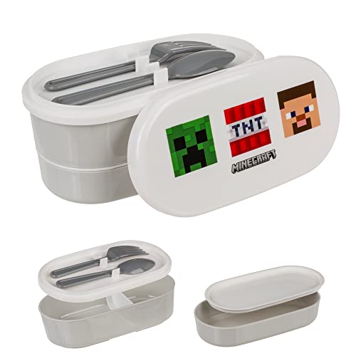 PhiLuMo Minecraft Brotdose - Set mit zwei Fächern, aus Kunststoff, mit Löffel & Gabel - 17 x 9 cm von PhiLuMo