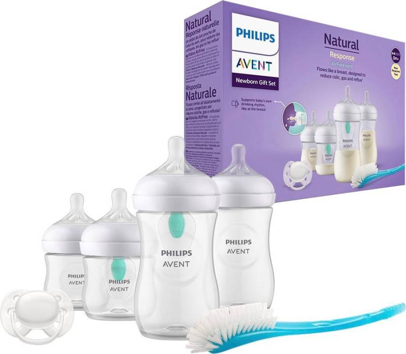 Philips AVENT Babyflasche Natural Response Flaschen-Set Air-Free Ventil SCD657/11, 4 Flaschen mit AirFree-Ventil, ultra soft Schnuller, Flaschenbürste von Philips AVENT