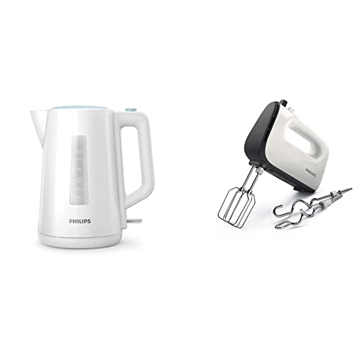 Philips Domestic Appliances HD9318/00 Wasserkocher Serie 3000, 1,7l, Federdeckel, LED-Anzeige, Kunststoff, weiß & HR3741/00 Handmixer (450 Watt, 5 Geschwindigkeiten plus Turbo) weiß/schwarz von Philips Domestic Appliances