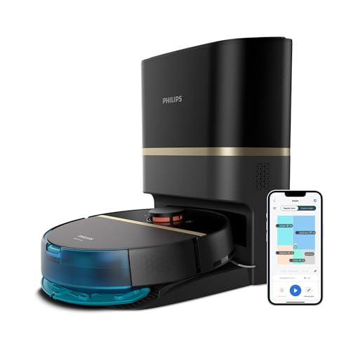 Philips Homerun Serie 7000 Saug-Wischroboter mit Saugstation, 5000 Pa, 360° LiDAR-Navigation, Erkennung Kleiner Hindernisse, 180Min Laufzeit, 185m², App, für Teppiche und Tierhaare, Schwarz, XU7100/01 von Philips Domestic Appliances
