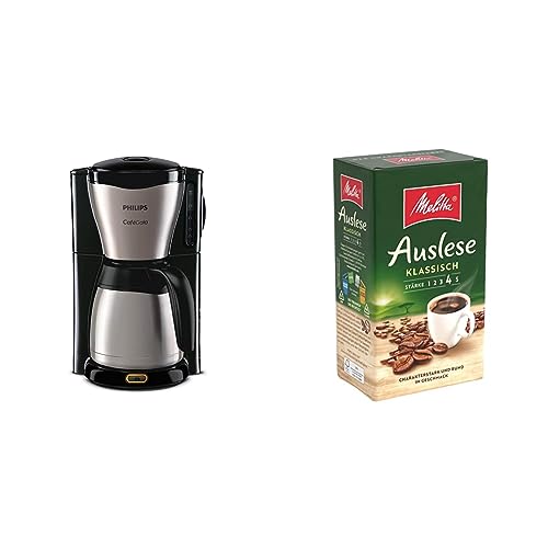 Philips Filterkaffeemaschine – 1.2-Liter-Thermoskanne, Edelstahl, silbern/schwarz + Melitta Auslese Filter-Kaffee 500g, Pulver für Filterkaffeemaschinen, starke Röstung, geröstet in Deutschland von Philips Domestic Appliances