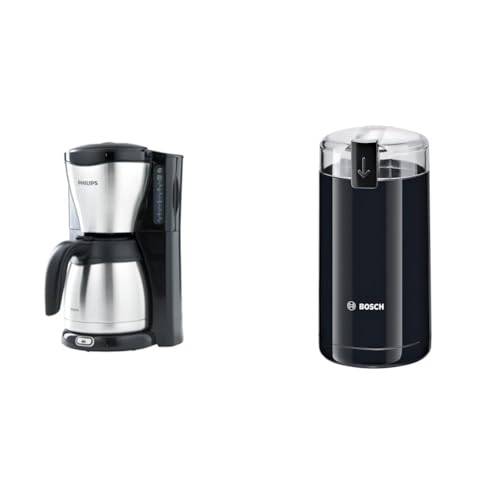 Philips Filterkaffeemaschine – 1.2-Liter-Thermoskanne, bis zu 15 Tassen, Edelstahl, (HD7546/20), 1000watts, 25.5 x 22.1 x 37.01 cm, silbern/schwarz & Bosch Hausgeräte TSM6A013B Kaffeemühle, Schwarz von Philips Domestic Appliances