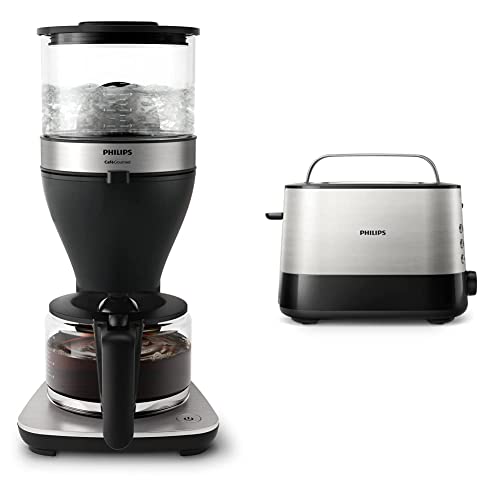 Philips Filterkaffeemaschine – 1.25L-Fassungsvermögen, bis zu 15 Tassen, Boil & Brew, schwarz/silbern (HD5416/60) & HD2637/90 Toaster, 7 Stufen, Brötchenaufsatz, Stopp-Taste, 1000 W, schwarz/edelstahl von Philips Domestic Appliances