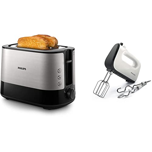 Philips HD2637/90 Toaster, Kunststoff, Schwarz/Edelstahl & HR3741/00 Handmixer (450 Watt, 5 Geschwindigkeiten plus Turbo) weiß/schwarz von Philips Domestic Appliances