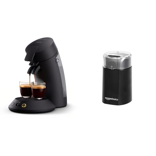 Philips Senseo Original Plus Kaffeepadmaschine, Schwarz, Intensitätsauswahl, Coffee Boost-Technologie, hergestellt aus recyceltem Kunststoff, CSA210/60 & Amazon Basics Elektrische Kaffeemühle, schwarz von Philips Domestic Appliances