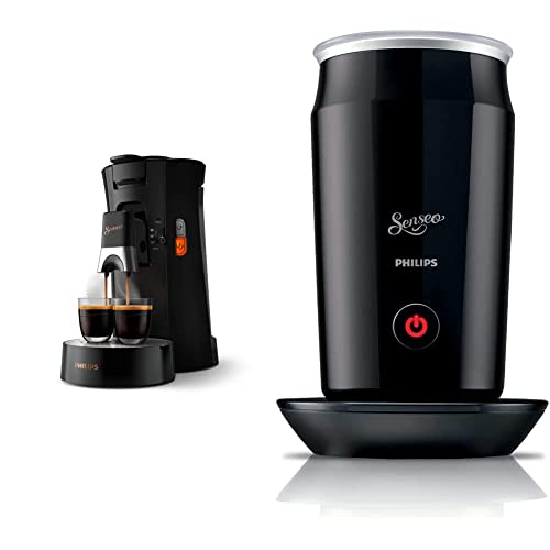 Philips Senseo Select CSA240/60 Kaffeepadmaschine - Kaffeestärkewahl Plus, Memo-Funktion, aus recyceltem Plastik, schwarz & CA6500/60 Senseo Milk Twister Milchaufschäumer, Kunststoff, schwarz von Philips Domestic Appliances