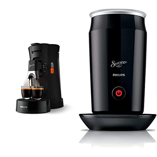 Philips Senseo Select ECO CSA240/20 Kaffeepadmaschine - Kaffeestärkewahl Plus, aus recyceltem Plastik, schwarz/gesprenkelt & CA6500/60 Senseo Milk Twister Milchaufschäumer, Kunststoff, schwarz von Philips Domestic Appliances