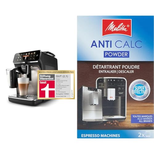 Philips Series 5400 Kaffeevollautomat – LatteGo Milchsystem & Melitta 178582 Entkalker Kaffeevollautomaten Anti Calc Espresso 2 Pulver Beutel je 40g (2x 40g), Verpackung kann variieren von Philips