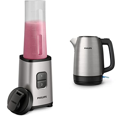 Philips To-Go Mini-Standmixer HR2600/80 (350 W, 28.000 Umdr. /Min., 0,7 L Fassungsvermögen, Trinkflasche, spülmaschinenfest) silber & HD9350/90 Wasserkocher, Edelstahl, 1.7 liters, schwarz von Philips Domestic Appliances