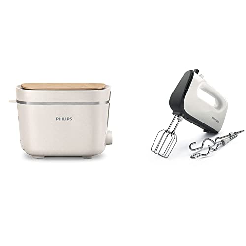 Philips Toaster Eco Conscious Edition - 2 Toastschlitze, 8 Stufen, Brötchenaufsatz, Auftaufunktion, aus Altspeiseöl, seidenweiß-matt (HD2640/10) & Philips HR3741/00 Handmixer (450 Watt) weiß/schwarz von Philips Domestic Appliances