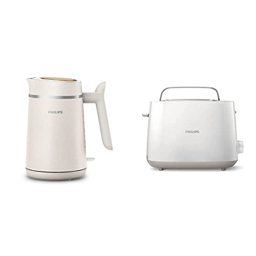 Philips Wasserkocher – Eco Conscious Edition, 1.7 L Fassungsvermögen, Kontrollanzeige, Pirouettenbasis, aus Altspeiseöl, seidenweiß-matt(HD9365/10) & Philips Toaster – 2 Toastschlitze, weiß(HD2581/00) von Philips Domestic Appliances