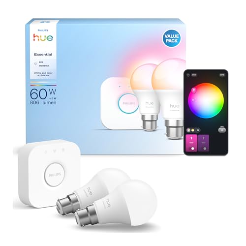 Philips Hue Essential Starter-Set: Bridge + 2 Essential B22 Smart Leuchtmittel, Weiß und Farbe, 2200 K-6500 K, dimmbar, funktioniert mit Alexa, Google Assistant, Samsung SmartThings, Apple Home von Philips Hue Essential