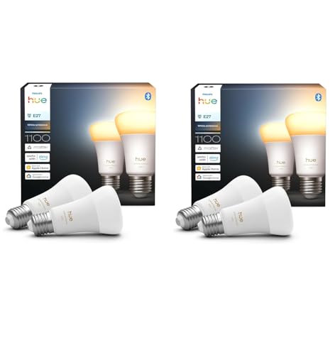 Philips Hue Bundle – 2 x Doppelpackungen White Ambiance 1100 A60 E27 Smart Leuchtmittel (4 Glühbirnen) | dimmbare LED, warmes bis kaltes Licht, App- und Sprachsteuerung, funktioniert mit Alexa, Google von Philips Hue