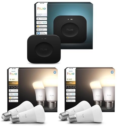 Philips Hue Bundle - 2X Twin Packs White 1100 A60 E27 Smart Bulbs (4 Bulbs) + Hue Bridge Pro Smart Hub | Wireless Smart Lighting, Voice Control, Works with Alexa & Google Home von Philips Hue