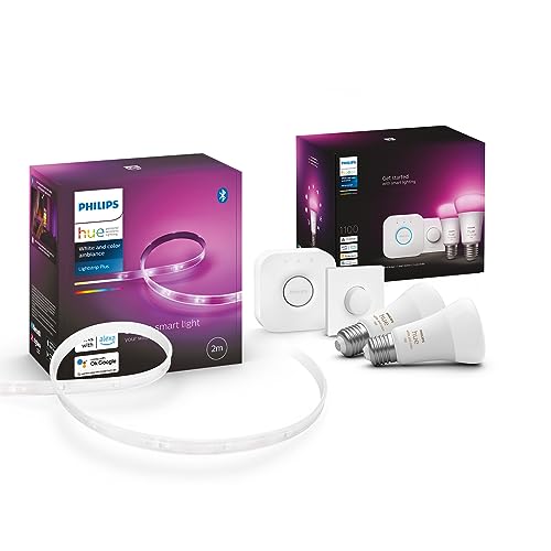 Philips Hue White & Color Ambiance E27 2er Starter Set inkl.Hue Bridge + 2m Lightstrip Basis, 2x806lm, bis zu 16 Mio. Farben, dimmbar, steuerbar via App, kompatibel mit Amazon Alexa (Echo, Echo Dot) von Philips Hue