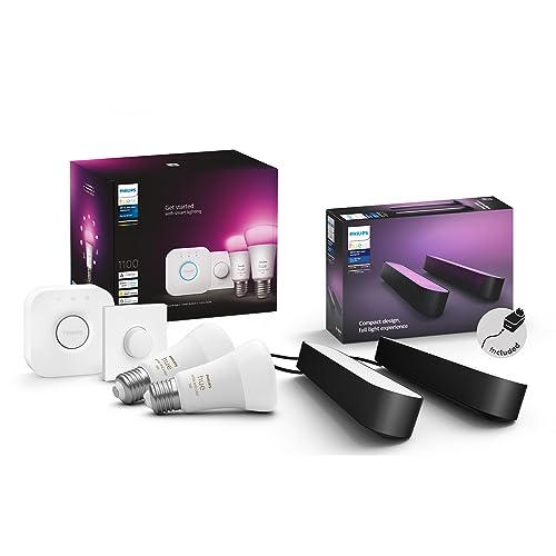 Philips Hue White & Color Ambiance E27 2er Starter Set inkl.Hue Bridge+2m Lightstrip Basis, 2x806lm, bis zu 16 Mio. Farben, dimmbar, steuerbar via App, kompatibel mit Amazon Alexa (Echo, Echo Dot) von Philips Hue